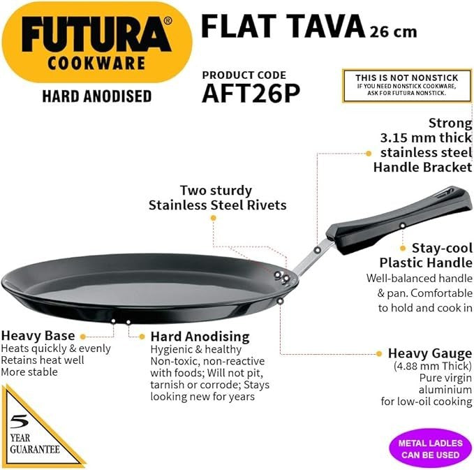 Hawkins Futura Hard Anodised Aluminium Flat Tava with Plastic Handle, 26 cm Diam